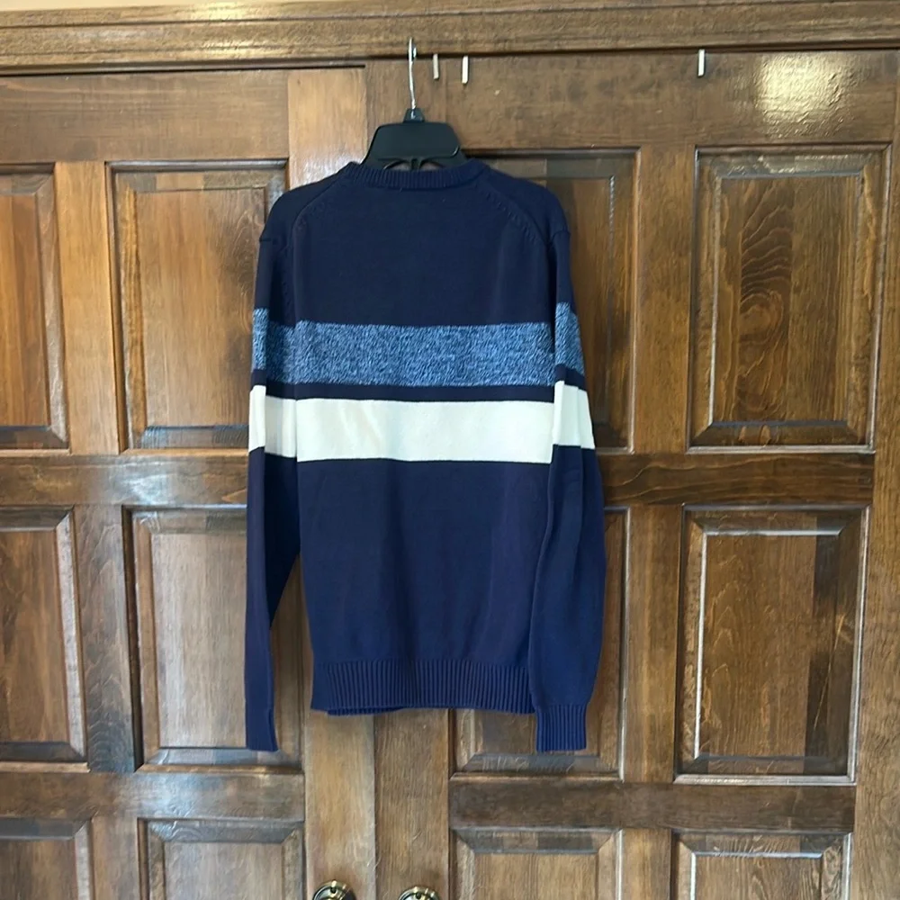IZOD Mens‎ Sweater Small Navy Blue White Marled Striped Crew Neck Knit Pullover